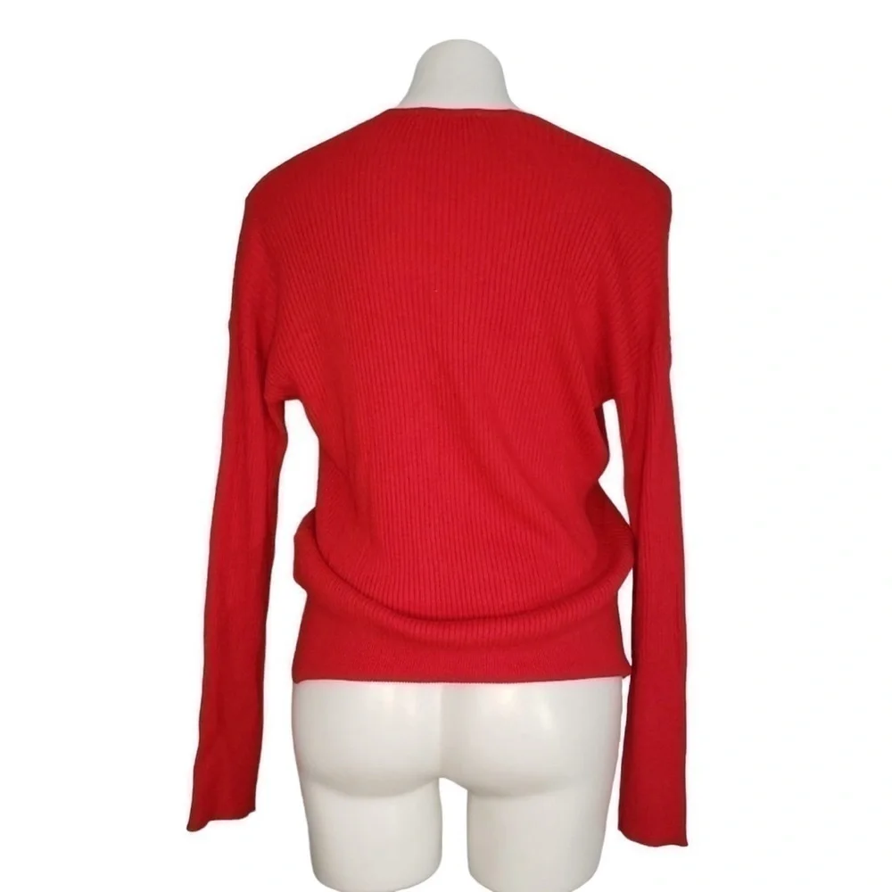 Elodie Red Ribbed Faux Wrap Surplice V Neck Sweater Long Sleeve Size Large Women